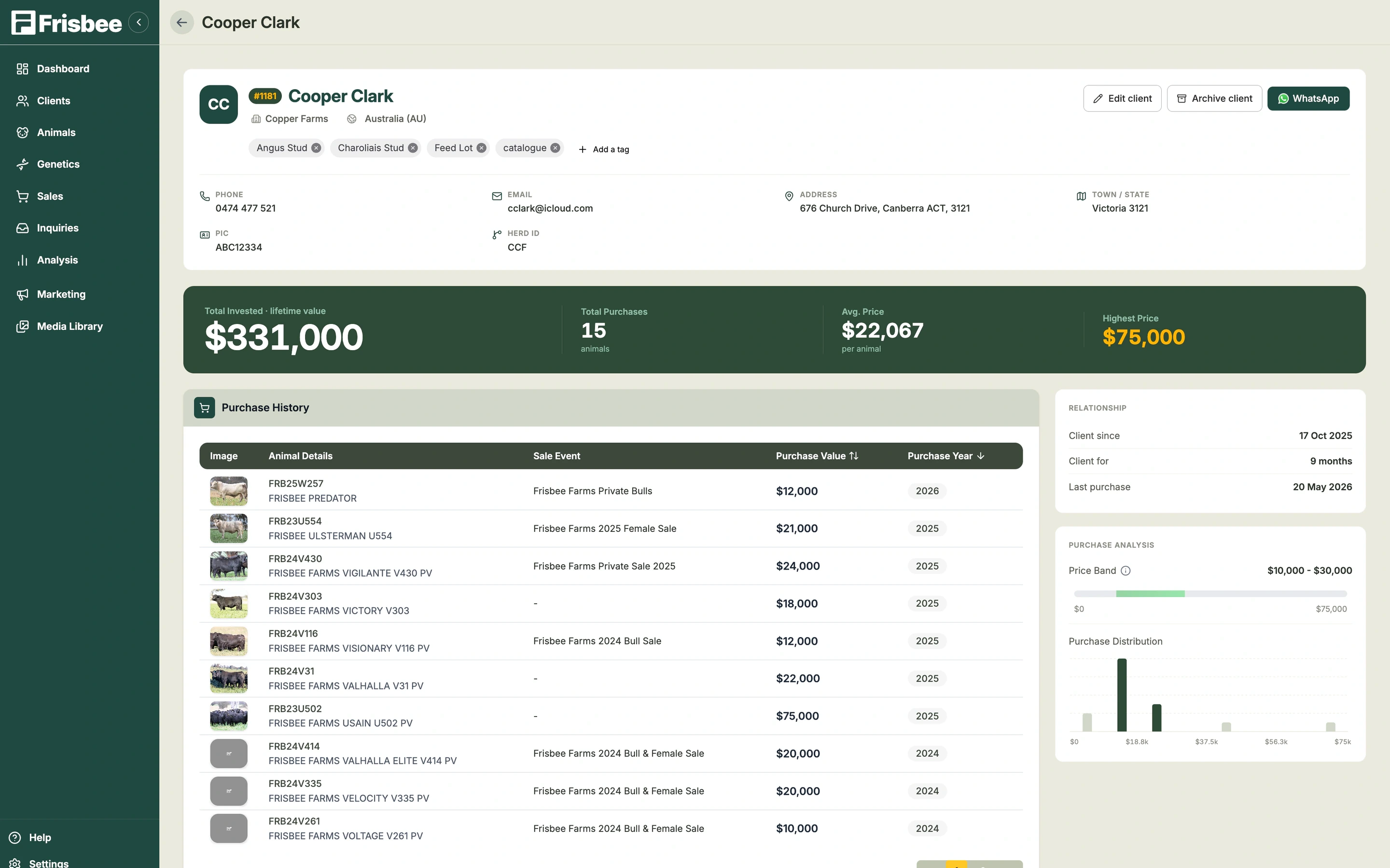 Client Relationships — screenshot of the Frisbee platform