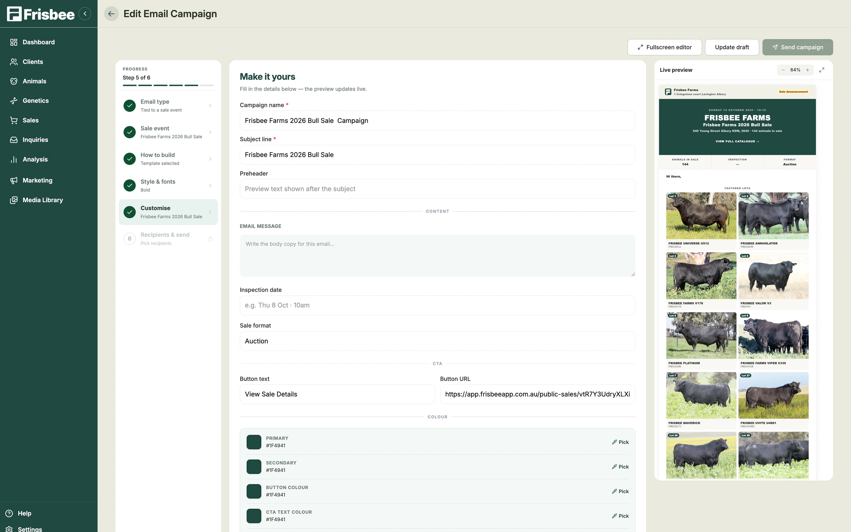 Email Marketing — screenshot of the Frisbee platform