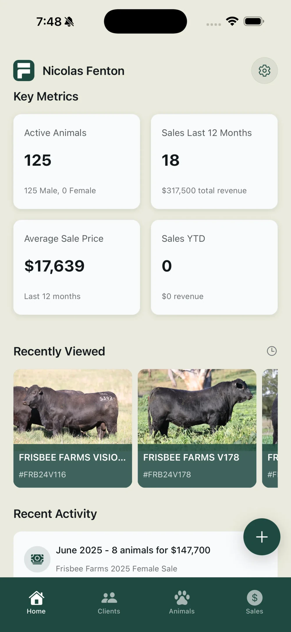 Frisbee dashboard on iPhone showing active animals, sales over the last 12 months, and total revenue.
